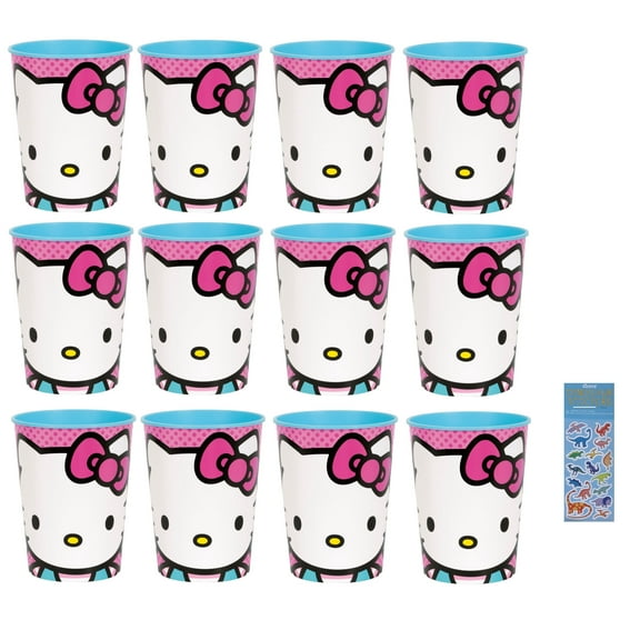 Unique Hello Kitty Birthday Party Favor Cups with Dinosaur Sticker, 16 oz, 12 Count