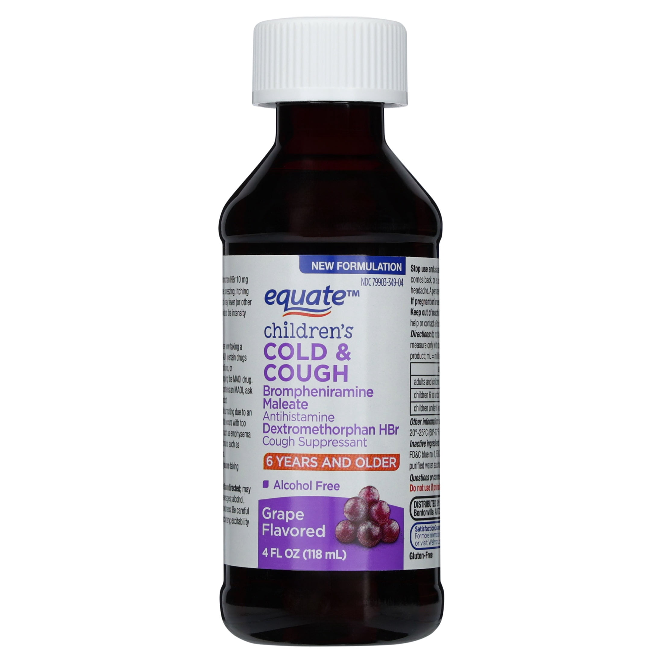 Equate Children's Cold and Cough Brompheniramine Maleate and Dextromethorphan HBr Liquid Oral Suspension, Grape Flavor, 4 fl oz
