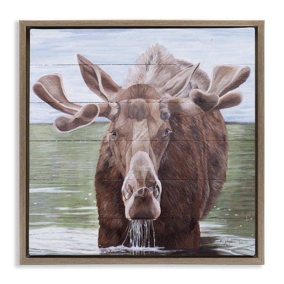 Stupell Industries Farmhouse Rustic Moose in Lake Brown Floating Frame Canvas Art, 18 x 18, by Diane Fifer