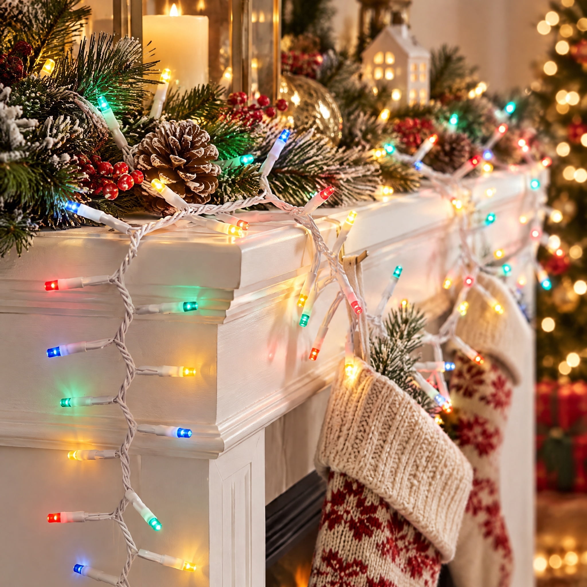 Indoor/Outdoor 200-Count LED 8-Function Micro Christmas Garland Lights, Multicolor, White Wire, 9', by Holiday Time