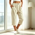 thumbnail image 2 of VBVC Women's Cotton Linen Elastic Waist Capri Pants , Summer Wide Leg Cropped Pants For Women,Ladies' Lightweight Trousers with Pockets,Beige,S-3XL, 2 of 8