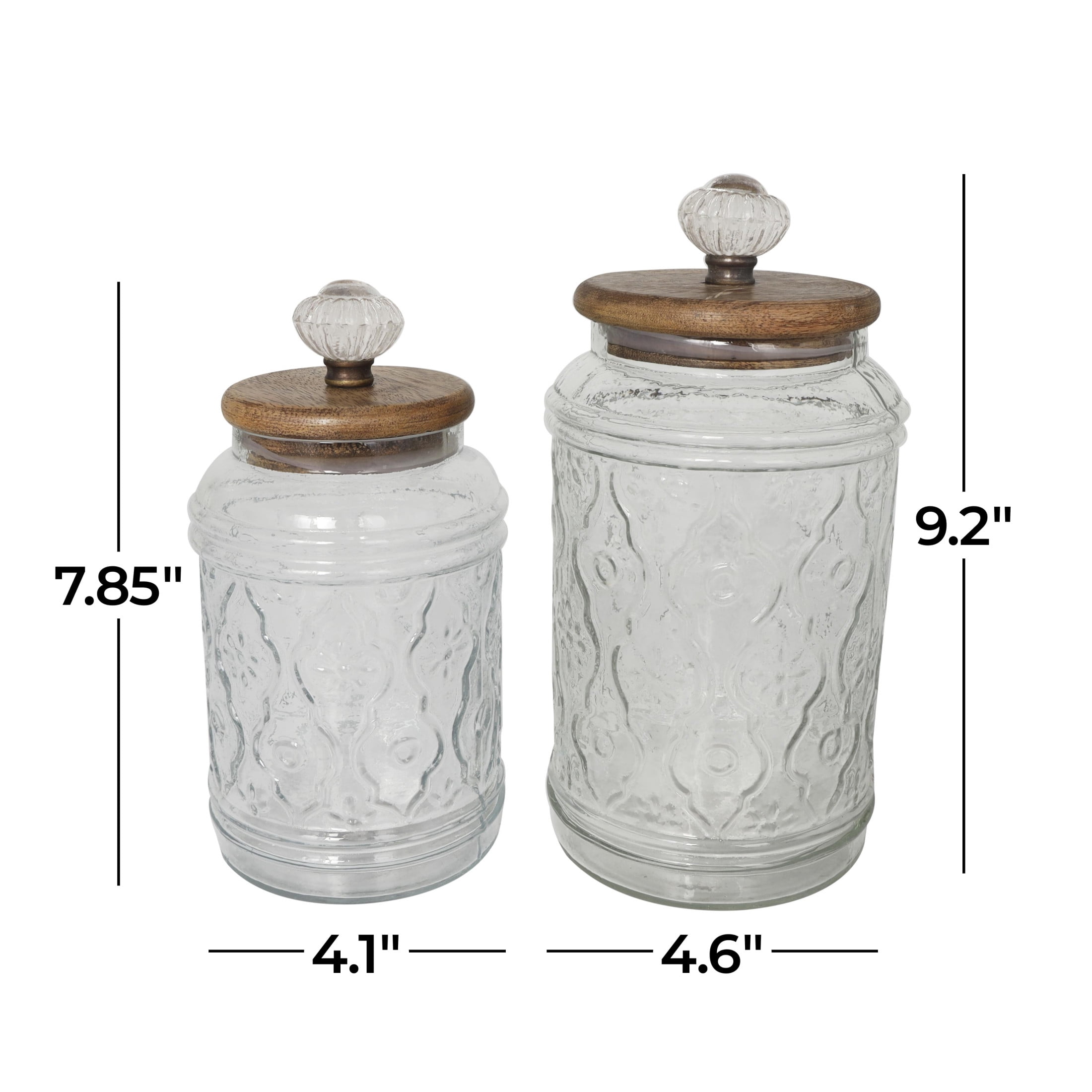 DecMode 9", 8"H Clear Glass Floral Decorative Jars with Brown Wooden Lids and Antique Style Knobs, 2-Pieces