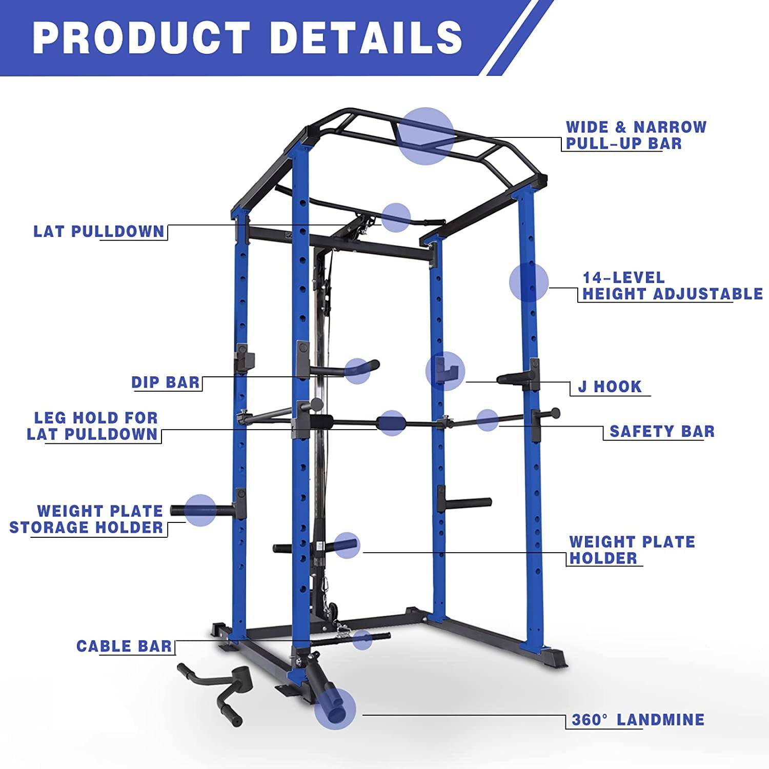 Dumbbell Rack, Multi-functional Power Cage,Home Adjustable Pullup Squat Rack 1000Lbs Capacity Comprehensive Fitness Barbell Rack, Black+Blue Weight Rack,Steel Weight Storage Rack