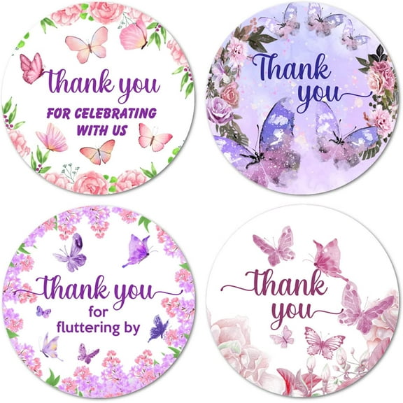 Butterfly 40 Thank You Stickers, 2 Inch Big Round Glossy Labels, Theme for Baby Shower, Birthday, Wedding, Bridal Shower, Great for Party Favors, Tags, Games and Supplies