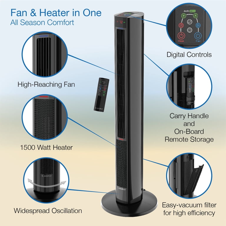 Lasko 1500W Electric All Season Tower Fan u0026 Space Heater with Remote,  FH610, Black - Walmart.com
