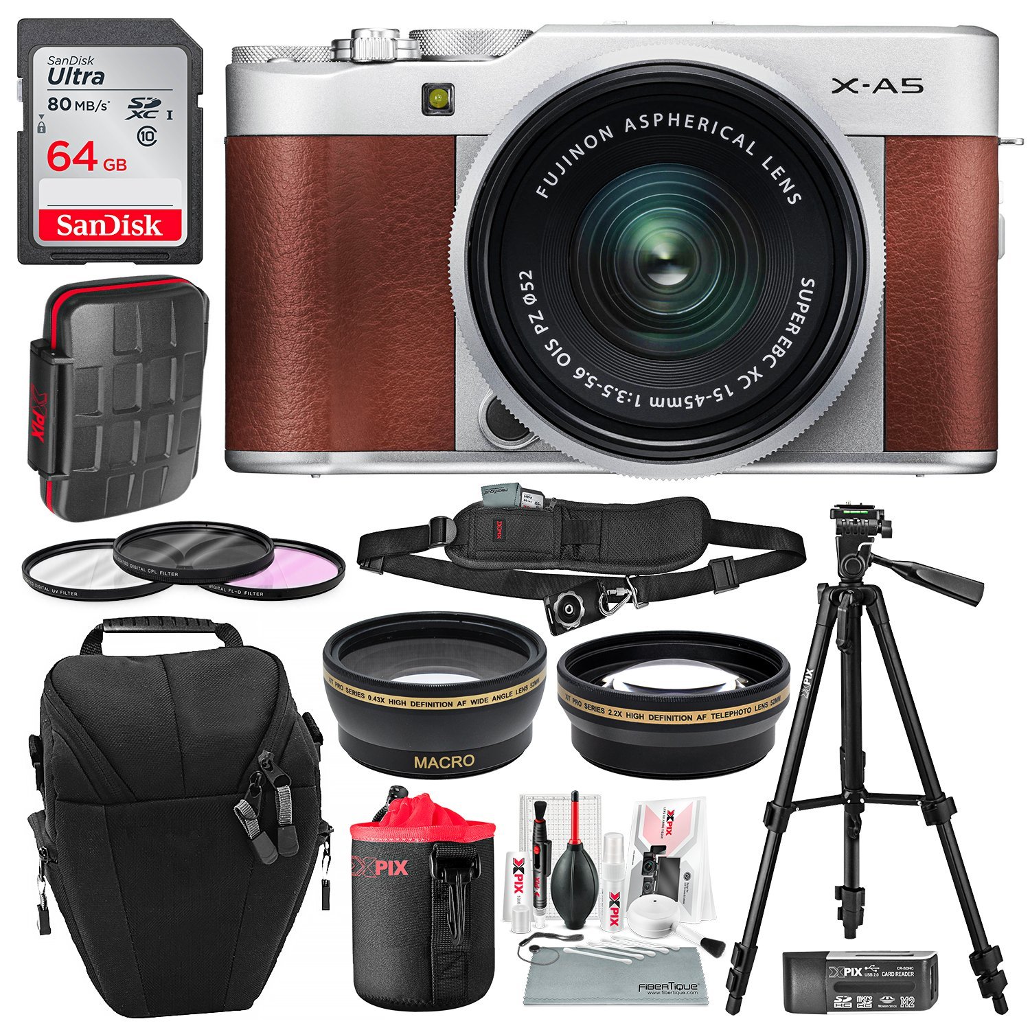 Fujifilm X-A5 Mirrorless Digital Camera (Brown) with 15-45mm Lens Bundled  with 64GB Card, Xpix Water-Resistant Card Case, Stable Tripod, Wide-Angle +  Telephoto Lens Deluxe Bundle - Walmart.com