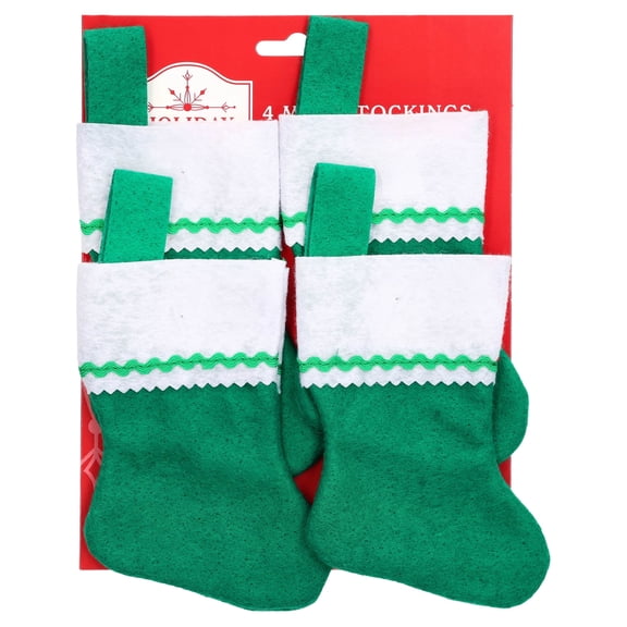 Mini Christmas Stockings, Green and White, 6", 4 Count, by Holiday Time
