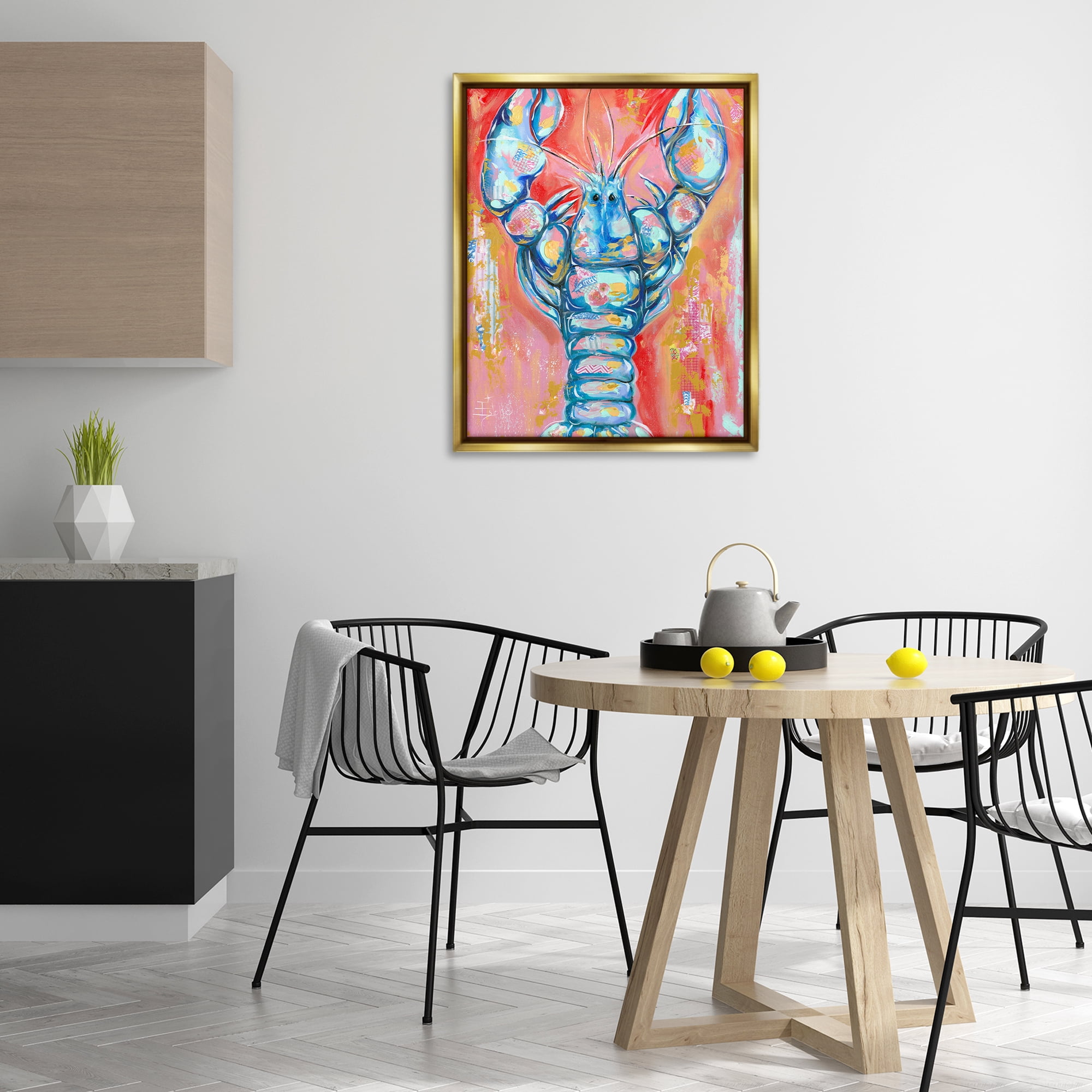 Stupell Industries Abstract Patchwork Lobster Nautical & Beach Painting Gold Floater Framed Canvas Art Print Wall Art, 25 x 31