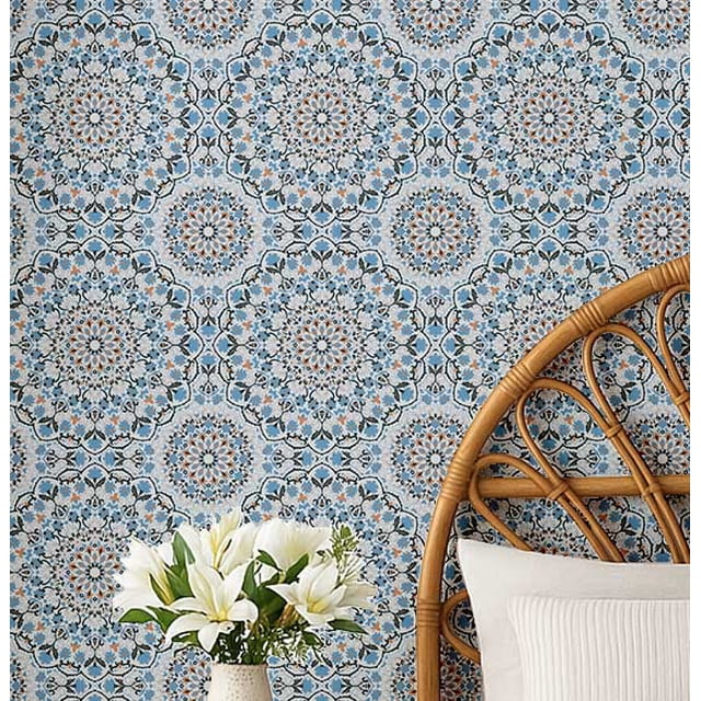 S4Sassy Self-Stick Decorative Boho Wallpaper, Mandala Pattern Wall Paper, Textured Vinyl Waterproof Contact Paper, Blue, 25"X 360" Removable Renter Friendly Walls Covering For Bedroom, Dining Room