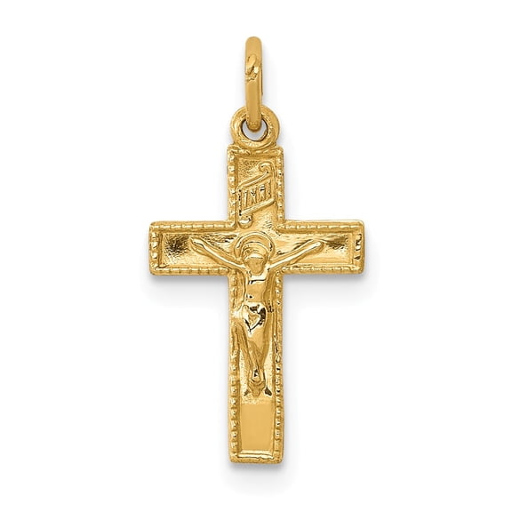 Real 14kt Yellow Gold INRI Crucifix Charm Pendant; for Adults and Teens; for Women and Men