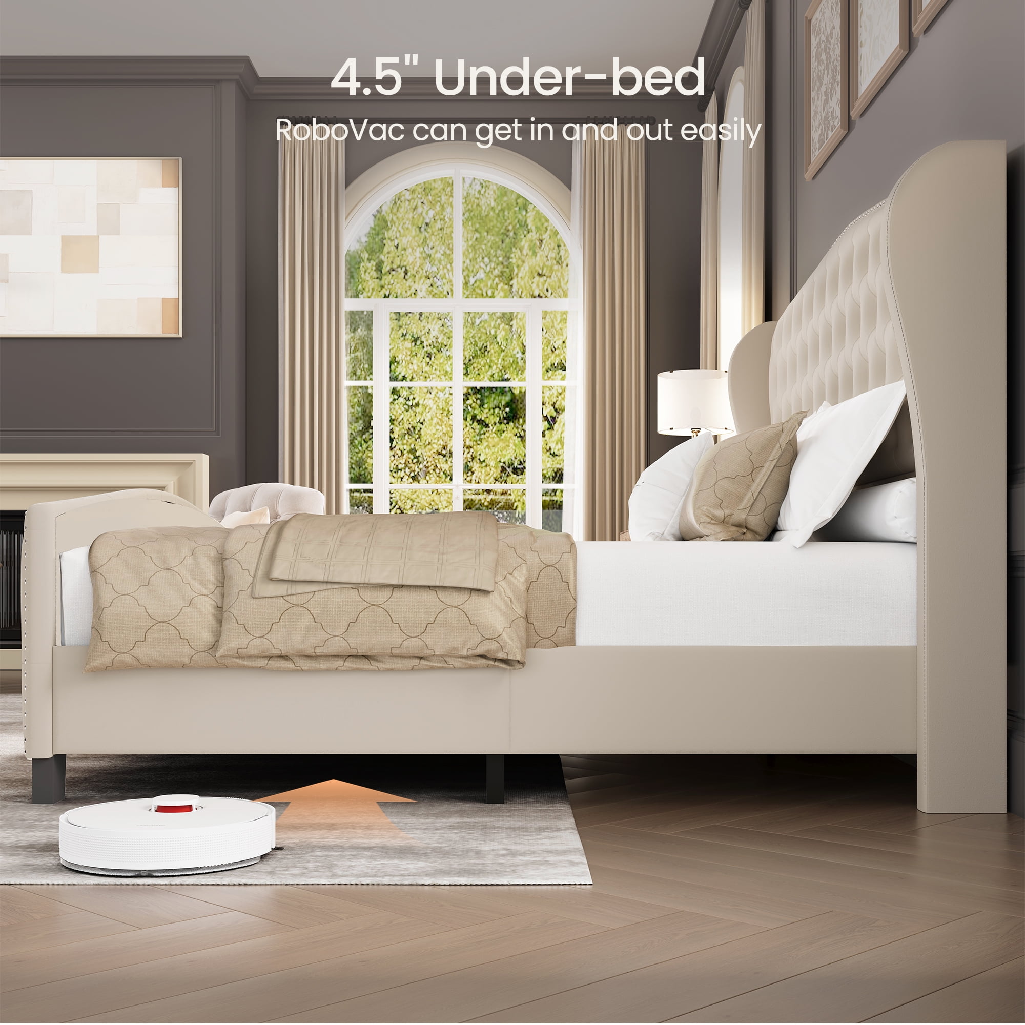 Breltam King Size Bed Frame Velvet Upholstered Platform Bed with Wingback Headboard, Beige