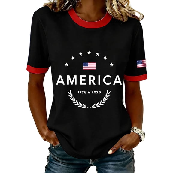 Rggeeun Women Tees American Flag Graphic & 1776-2026 Letter Print Short Sleeve Crew Neck For 4Th Of July Family Party Lightweight Tops,Black,L
