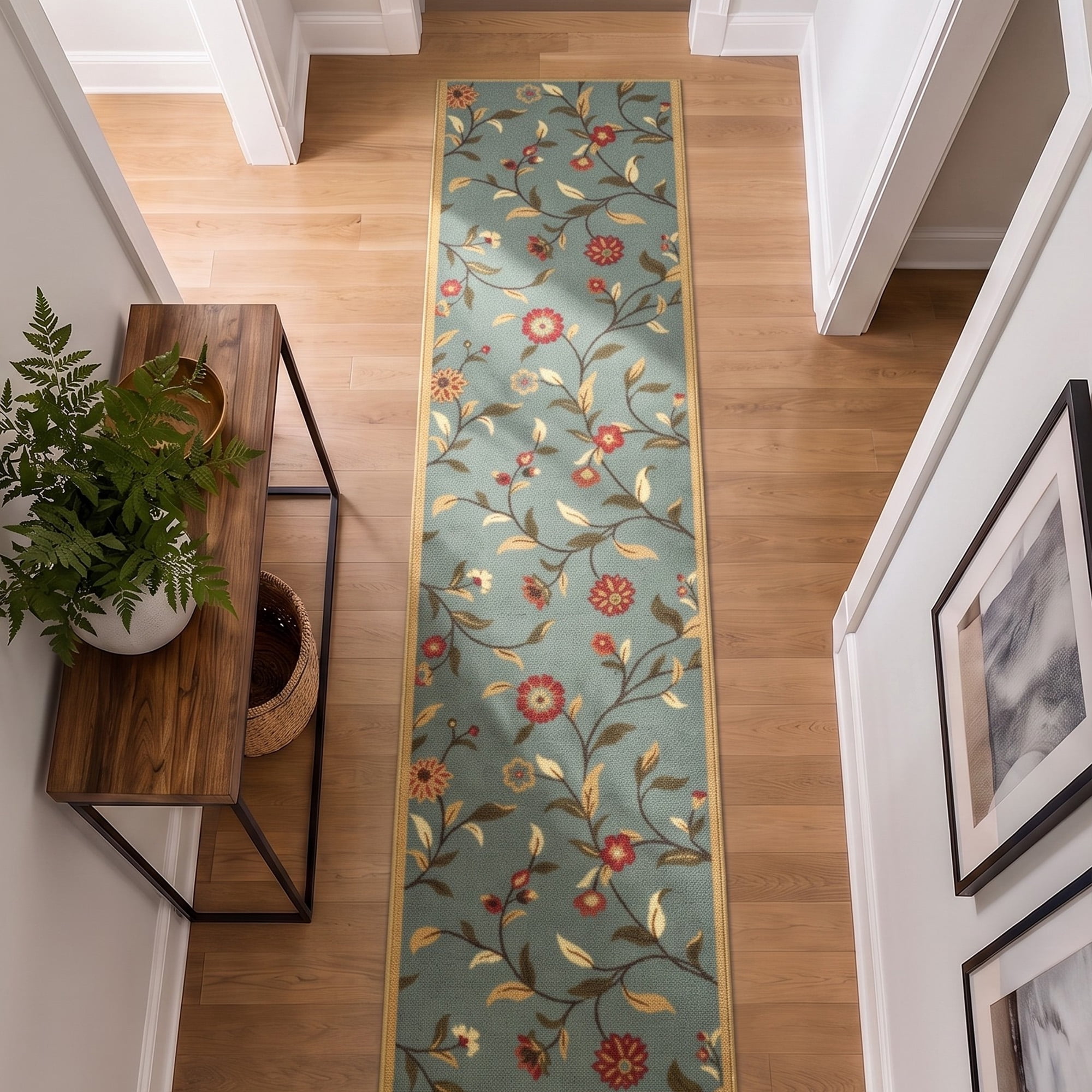 Ottomanson Extra Long Runner Rug 1'10.5" x 47' – Non-Slip Low Pile Hallway Carpet, Floral Seafoam Green