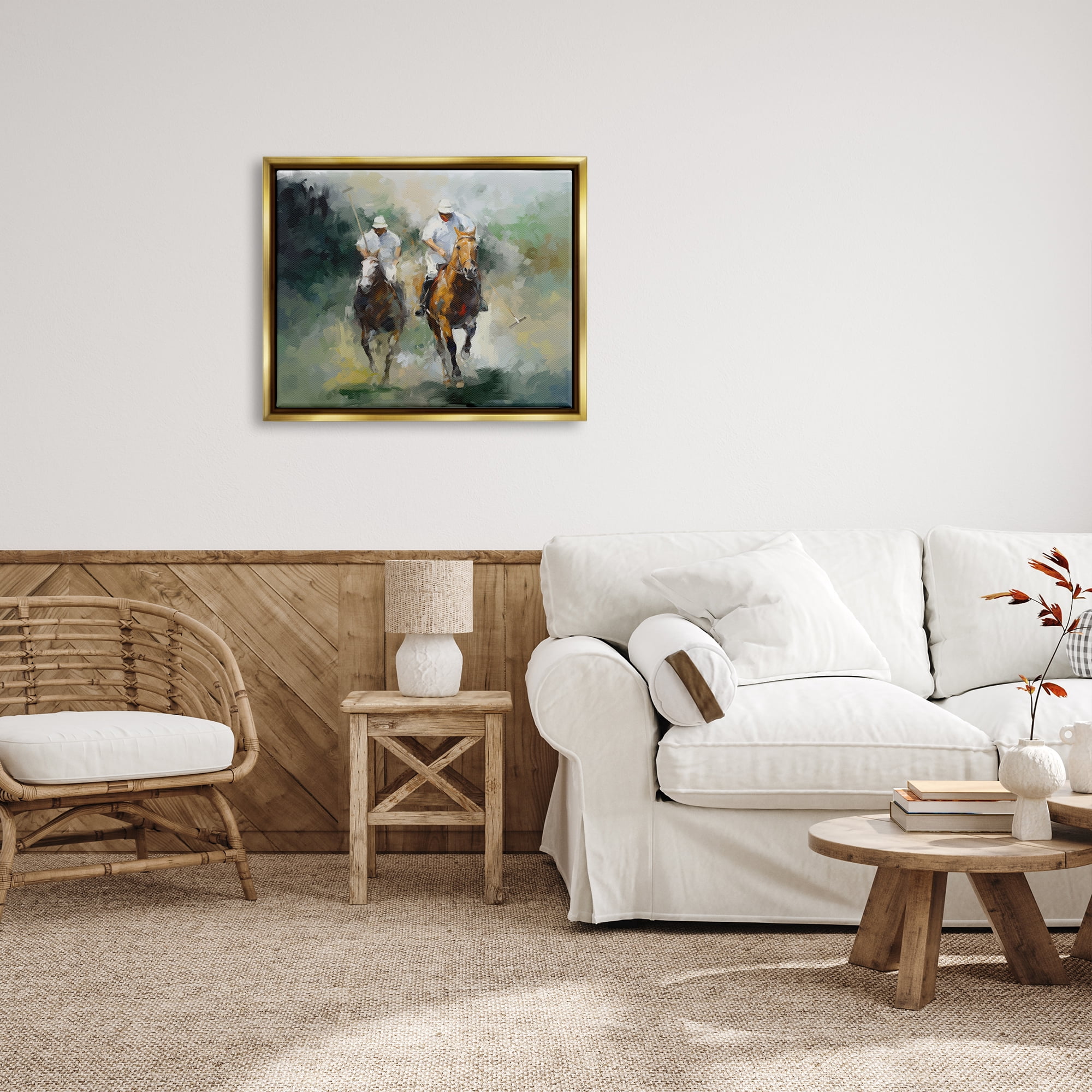 Stupell Industries Polo Players on Horses Sports Painting Gold Floater Framed Art Print Wall Art, 31 x 25