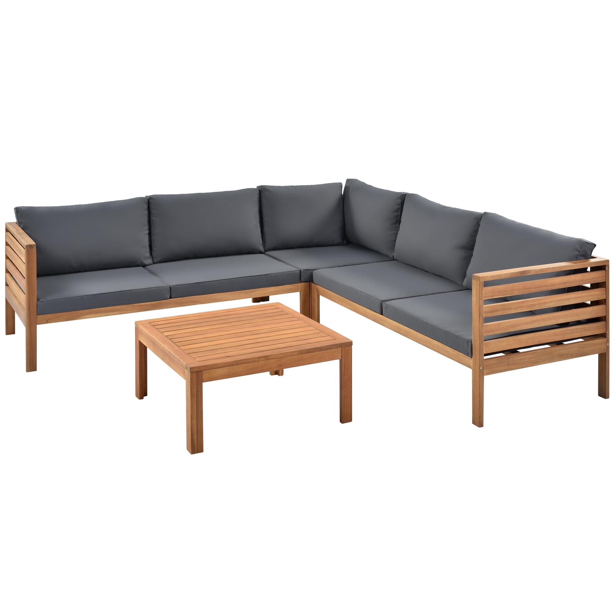 Harper & Bright Designs Acacia Wood Outdoor Sectional Furniture with Coffee Table, Patio Modular Sectional Sofa Set, Garden L-Shaped Conversation Set with Cushions, Gray