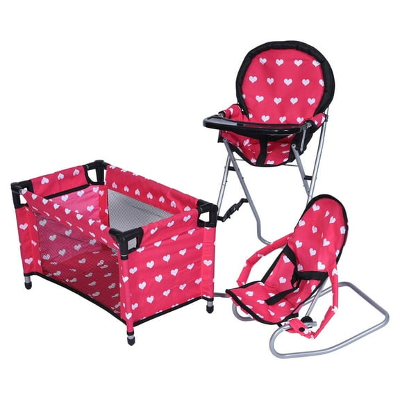 The New York Doll Collection Mega Baby Doll Accessory Play set Includes Dolls High Chair, 3-1 Doll Bouncer and Pack N Play Pink for 18-inch Dolls