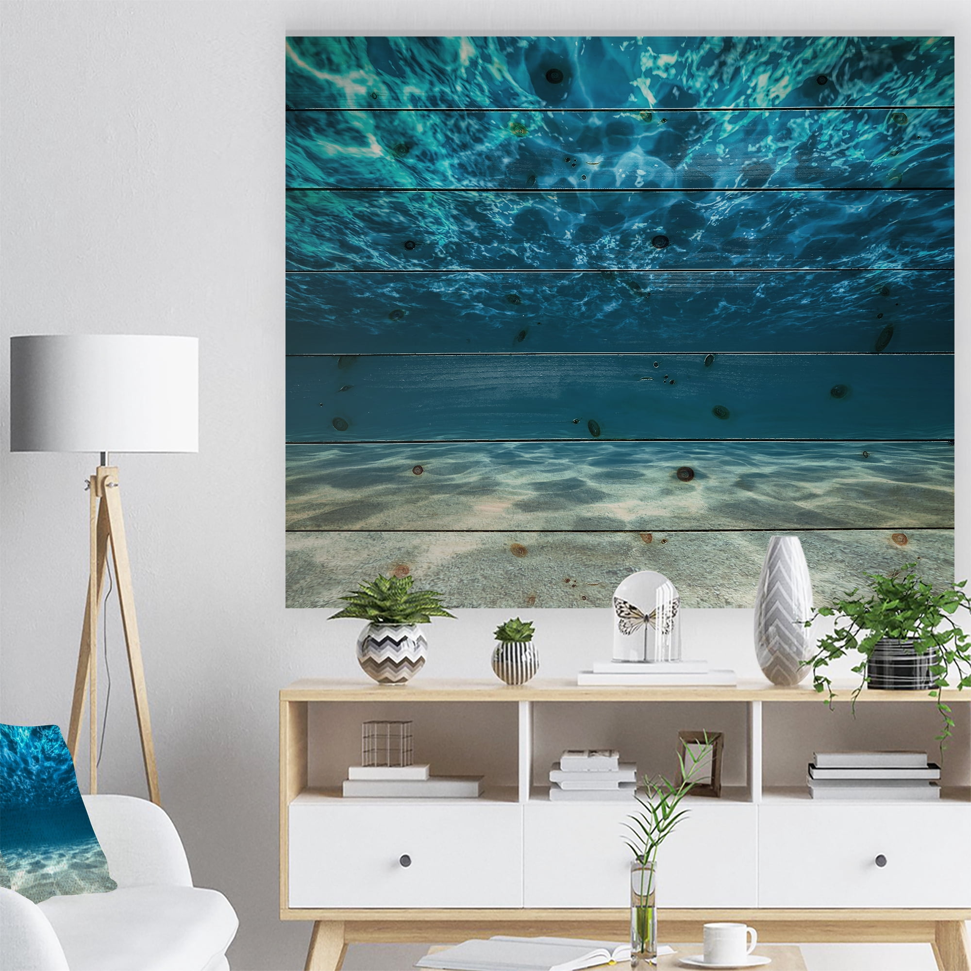 Designart 'Ocean Bottom Beneath the Surface' Sea & Shore Print on Natural Pine Wood
