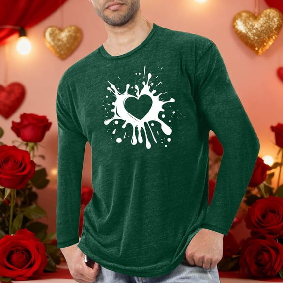 NTACZA Valentines Day Shirts for Men Crew Neck Green Pajama T-Shirt Heart Print Lounge Long Sleeve Men Graphic Tees L