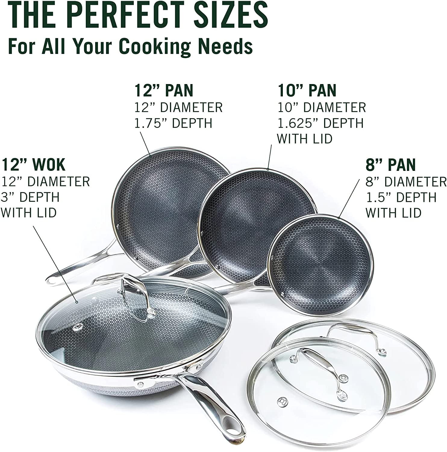 HexClad 7-Piece Hybrid Stainless Steel Cookware Set with Lids and Wok,  Non-Stick Fry 