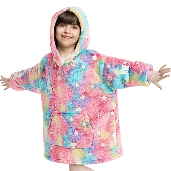 Glow in The Dark Wearable Blanket Hoodie for Kid, Oversized Hooded Wearable Blanket Sherpa, Soft Blanket Hooded Gift for Girls and Boys 3-6 Years