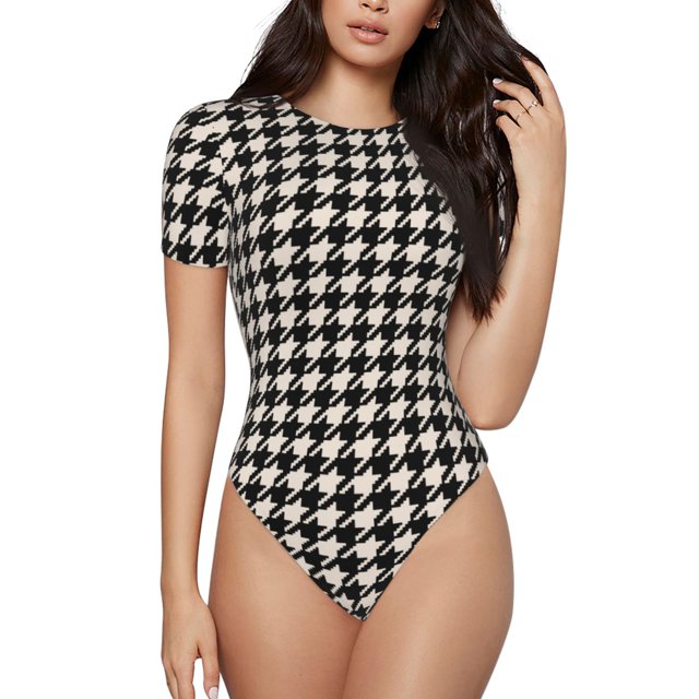 Balery Black and white houndstooth Body de cuello redondo de manga corta para mujer Tops de manga corta Tops básicos-Large