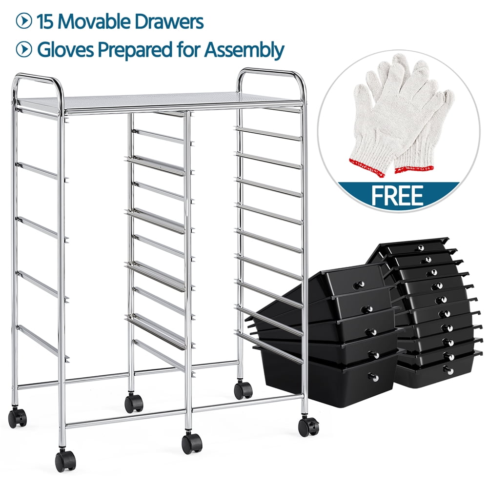 Yaheetech 15 Drawers Rolling Storage Cart Bin Organizer Metal Frame Plastic Drawers, Black