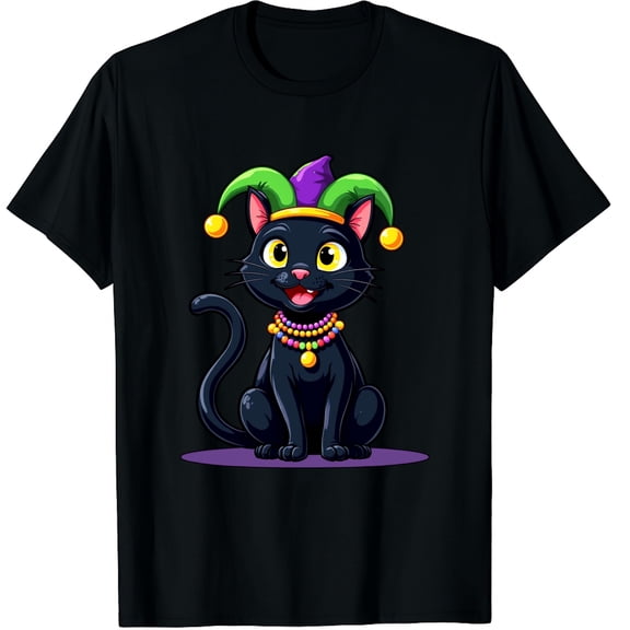 Cute Mardi Gras Cat Cat Lovers Carnival Mask Graphic Crew Neck Short Sleeve T-Shirts (Men's, Women's)