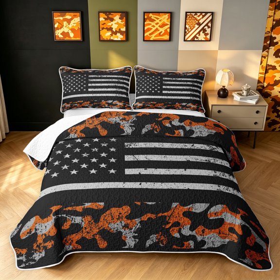 Manfei Patriotic US Flag Twin Quilt Set, Vintage Camo Twin Coverlet Set, Black Orange, 2-Piece, 1 Bedspread and 1 Pillowcase