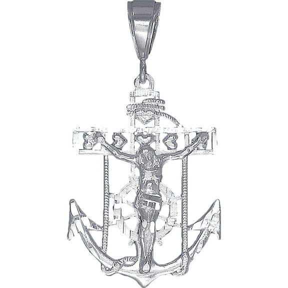 Sterling Silver Anchor Cross with Jesus and Hearts Diamond Cut Finish with Figaro Chain