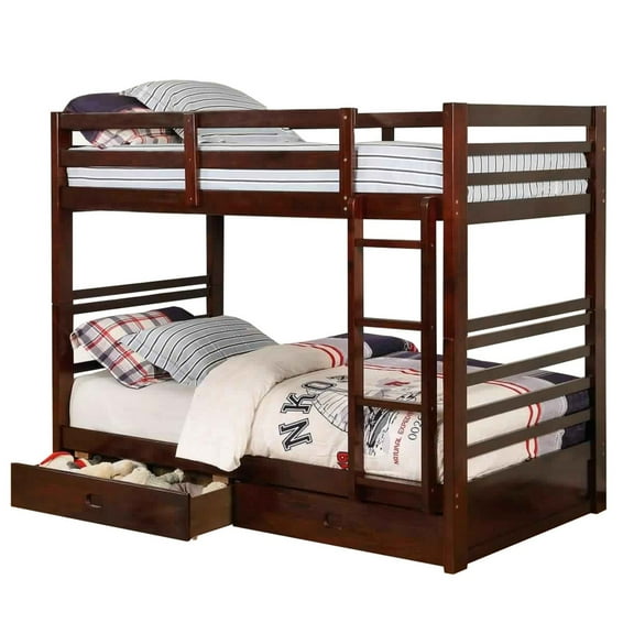 Benjara Transitional Twin Over Twin Bed with Attached Ladder and Drawers, Brown