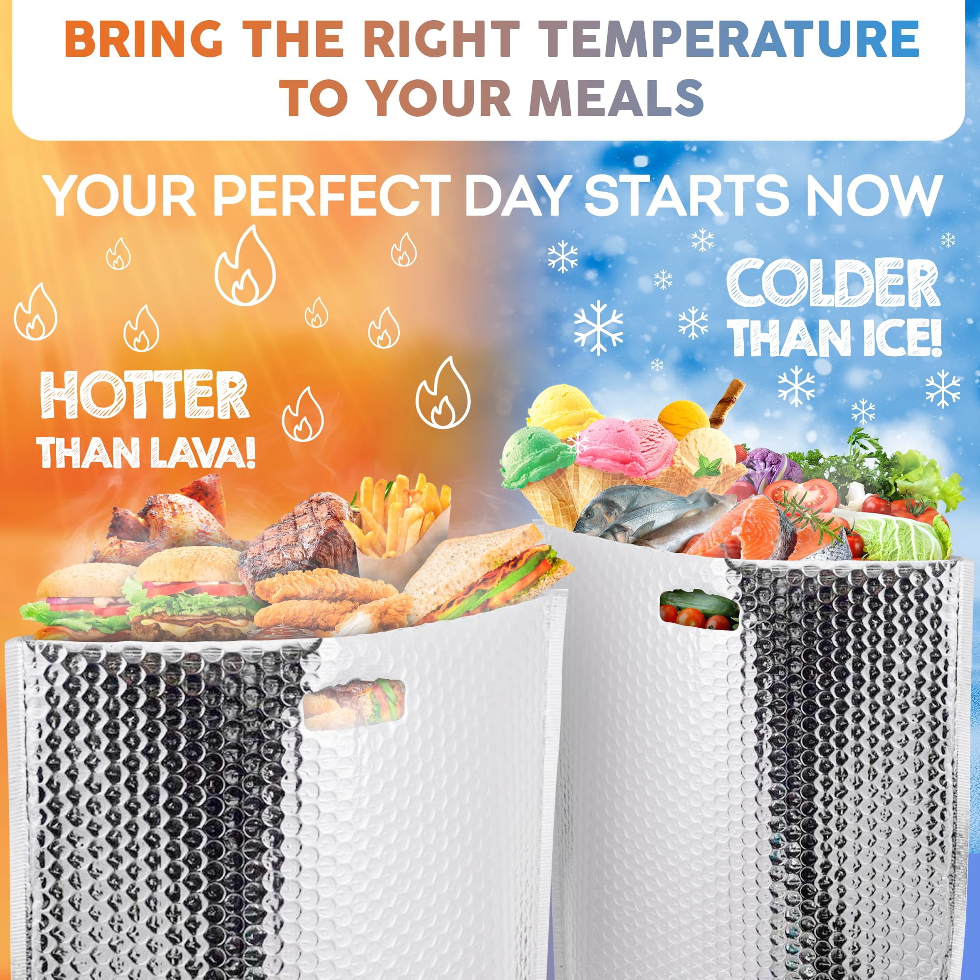 Insulated Foil Bags with Handles, Thermal Box Liners with Bubble Cushion, 50 Count, 6 x 6 x 6 in