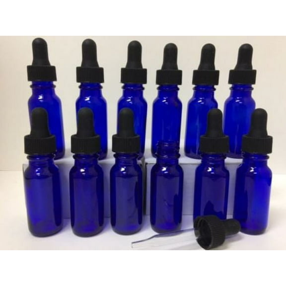 12 - Cobalt Blue 1/2Oz Glass Boston Round Bottles With Glass Droppers