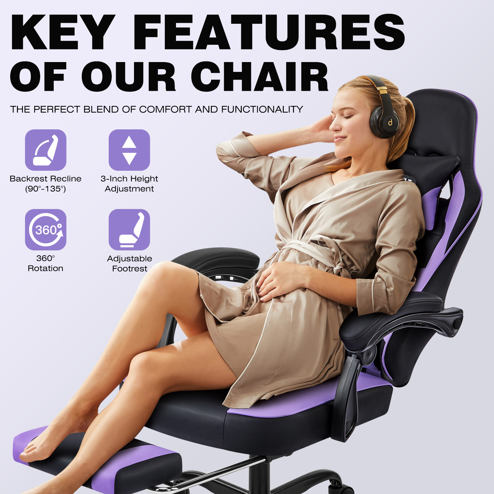 Falvinoryn Gaming Chair, Video Game Chair with Headrest and Lumbar Support,High Back Ergonomic Computer Chair with Footrest,Swivel Desk Office Chair, Purple
