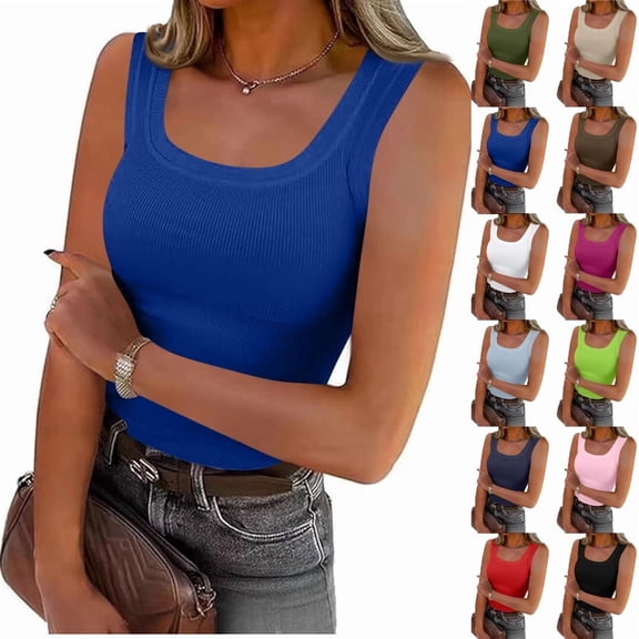 Summer Womens Tank Tops 2026 Scoop Neck Slim Fitted Sleeveless Shirts for Women Ribbed Basic Top,Royal Blue M