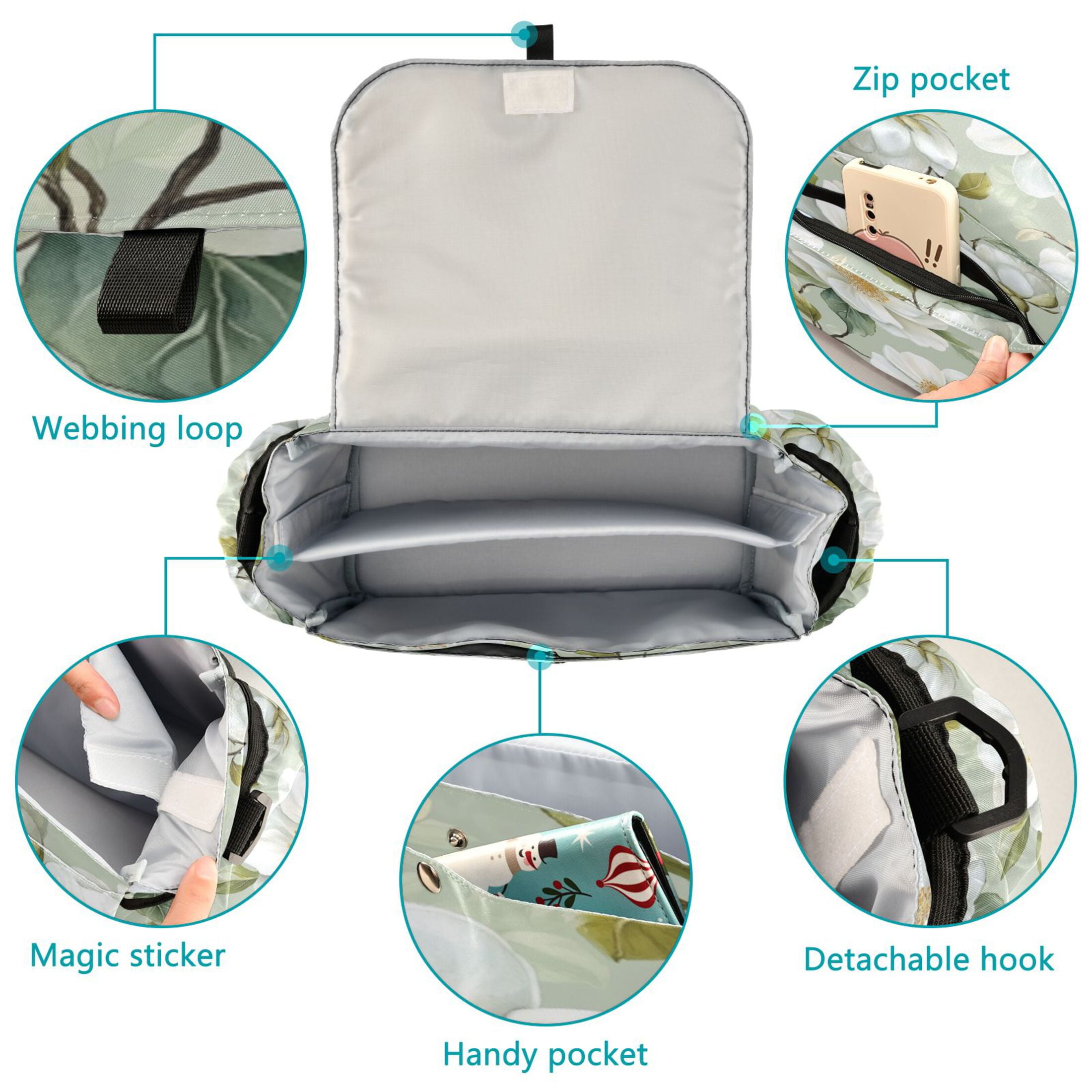 DIXRUYEE Stroller Organizer Elegant White Garden Printed