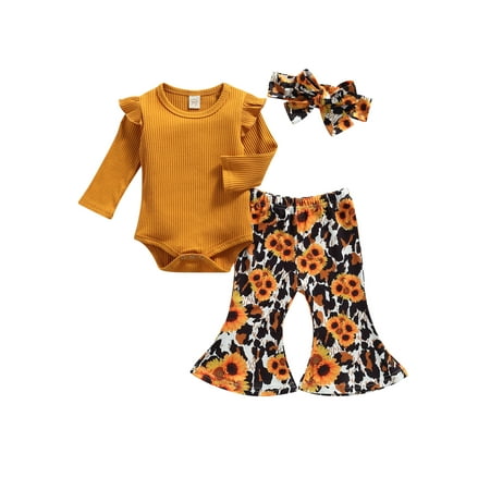 

Multitrust Girl’s Long Sleeve Romper and Flower Trumpet Pants with Headband