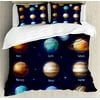 Educational Queen Size Duvet Cover Set, Solar System Planets and the Sun Pictograms Set Astronomical Colorful Design, Decorative 3 Piece Bedding Set with 2 Pillow Shams, Multicolor, by Ambesonne