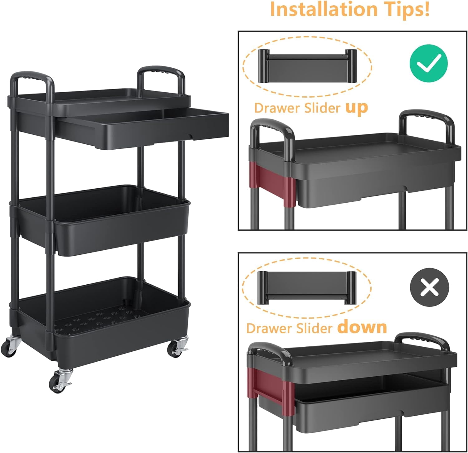3-Tier Rolling Utility Cart with Drawer,Multifunctional Storage Organizer with Plastic Shelf & Metal Wheels,Storage Cart for Kitchen,Bathroom,Living Room,Office,Black