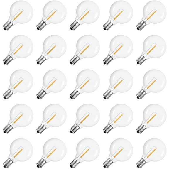 G40 1.57 Inch Led Replacement Light Bulbs, E12 Screw Base Shatterproof LED Small Globe Light Bulbs for Outdoor String Lights, 1Watt Equvalent to 5 Watt Incandescent Bulbs, Warm White, 25Pack