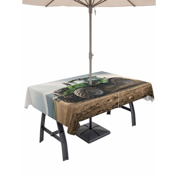 Outdoor Tablecloth with Umbrella Hole for Patio/Picnic/Party/Camping, Farmhouse Tractor Waterproof Table Cloth Rectangle Table Cover Washable, Farm Green Car Countryside (60"x 120")