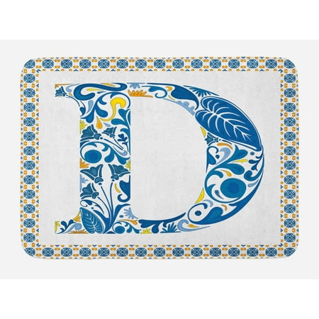 Swirl Alphabet (Letter D Bath Mat, Vibrant Colored Swirls and Flower Elements in Alphabet Artwork with Frame, Non-Slip Plush Mat Bathroom Kitchen Laundry Room Decor, 29.5 X 17.5 Inches, Blue Yellow Orange,)