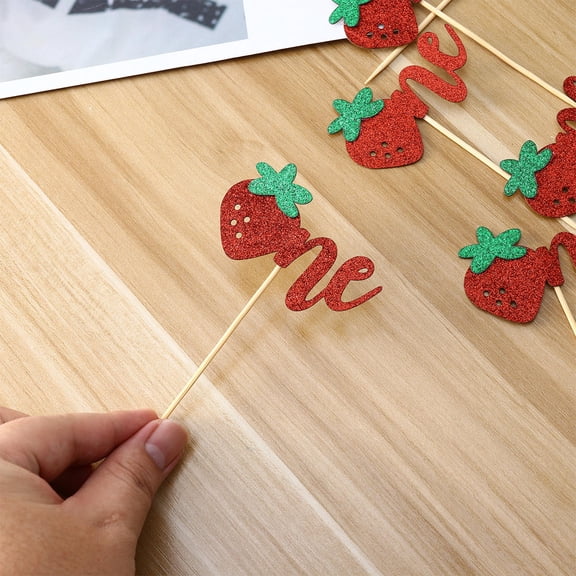 YSNOOWE 12Pcs Fruit Picks for Cupcake Decorations Strawberry Theme Birthday Parties