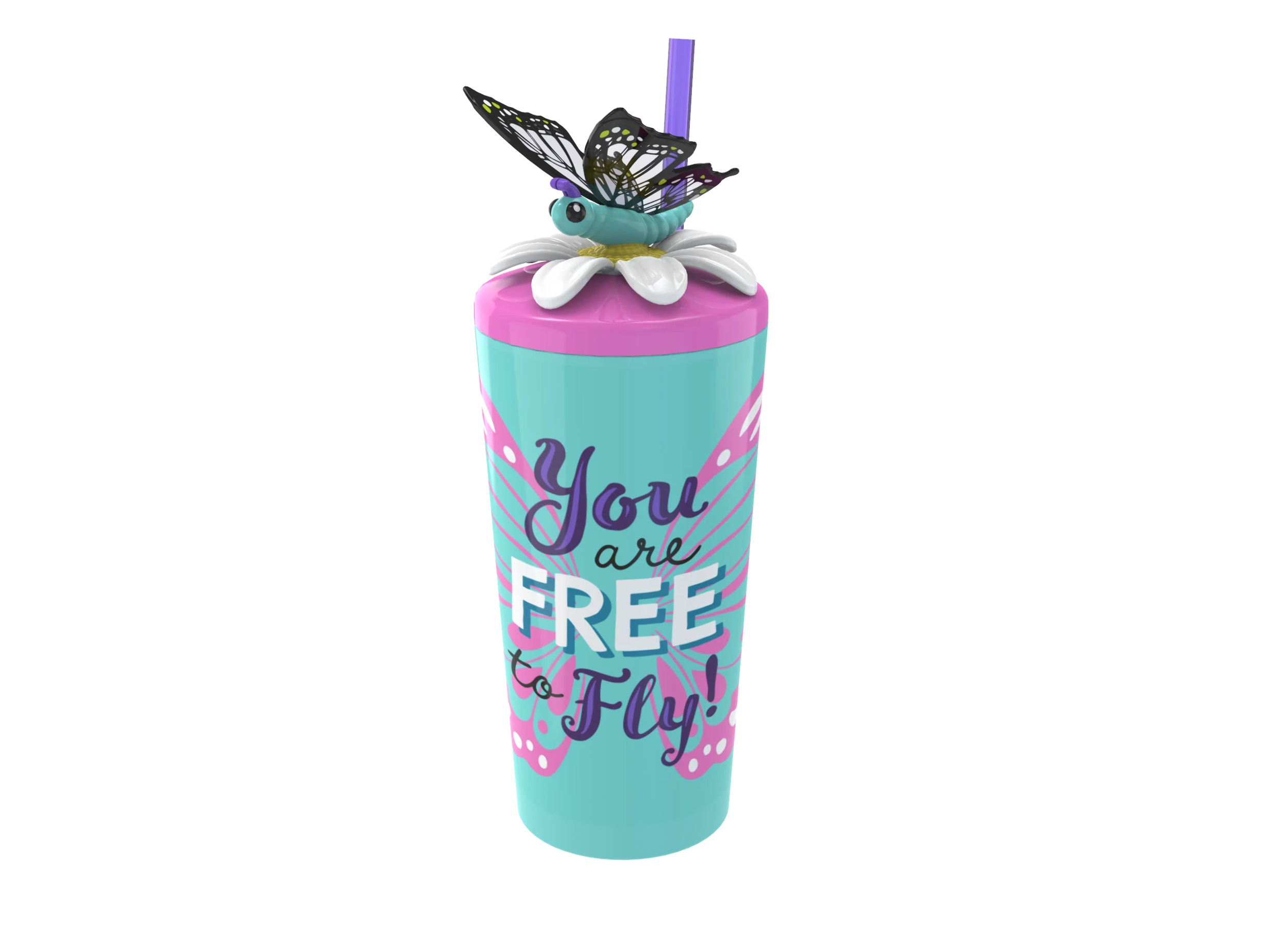 Cool Gear 4-Pack 18 oz Fun Toppers Butterfly Character Lid Tumblers with straw included | Durable, Reusable Water Bottle Gift for Kids, Adults - image 2 of 5