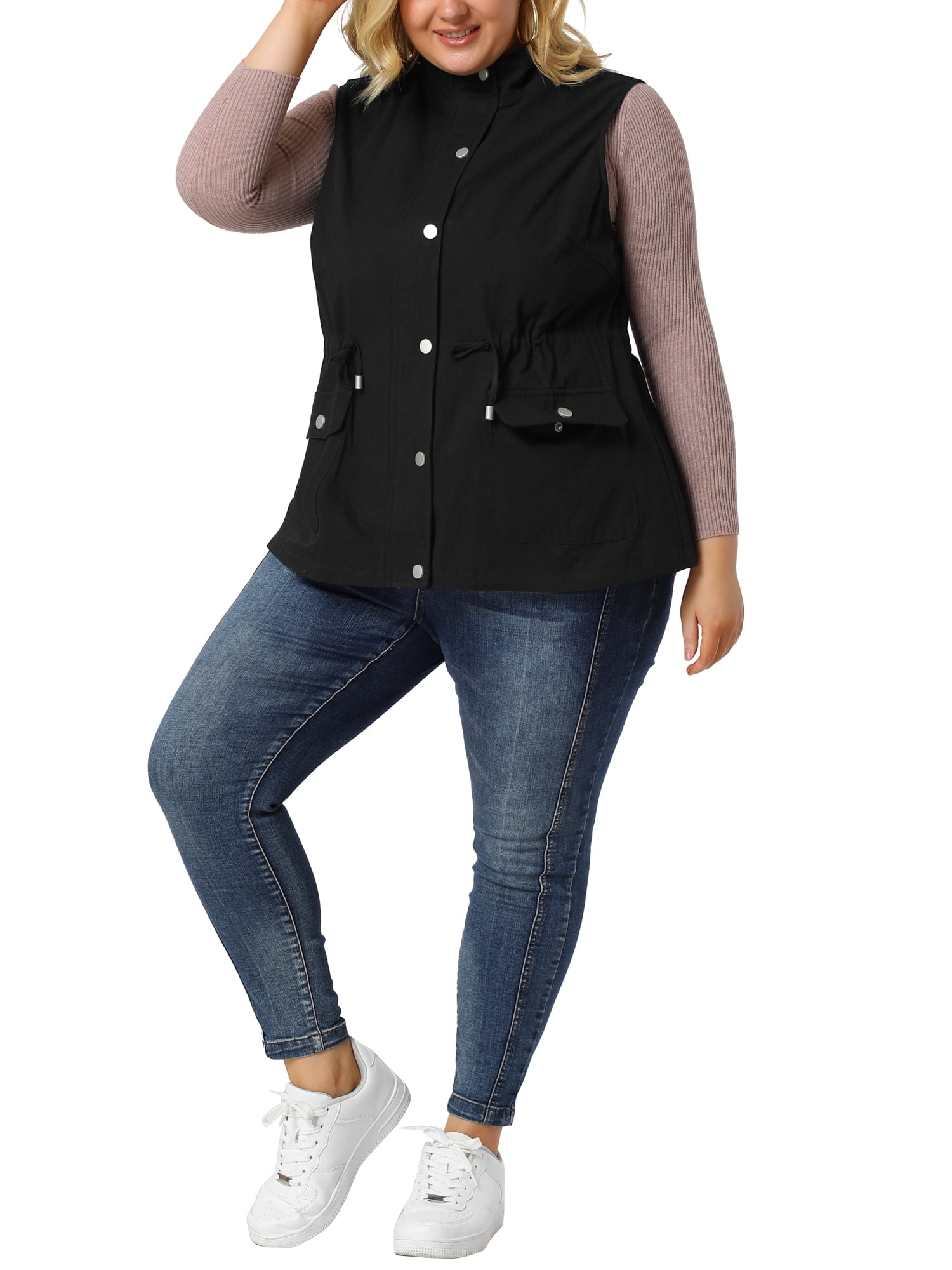 DARING DIVA Women's Plus Size Lightweight Sleeveless Anorak Cargo Vest 2X Black