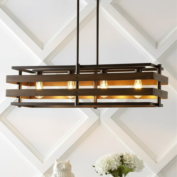 JONATHAN Y Horizon 34" 4-Light Rustic Farmhouse Iron Linear LED Pendant, Wood Finished/Oil Rubbed Bronze