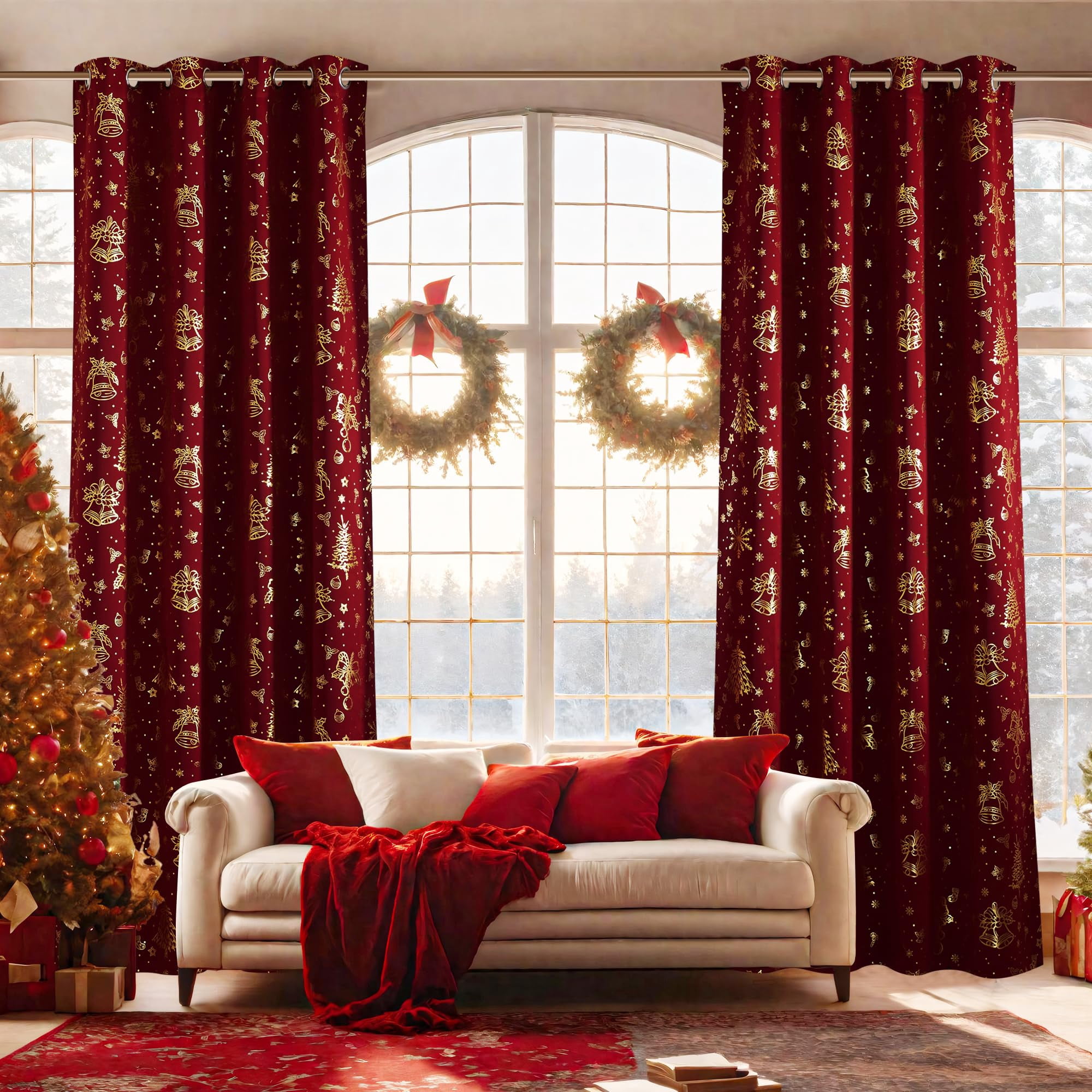 NICETOWN Christmas Curtains for Living Room, Gold Foil Printed Xmas Blackout Curtains Thermal Insulated Noise Reduce Grommet Window Treatments for Bedroom Living Room, 52"x95", Red