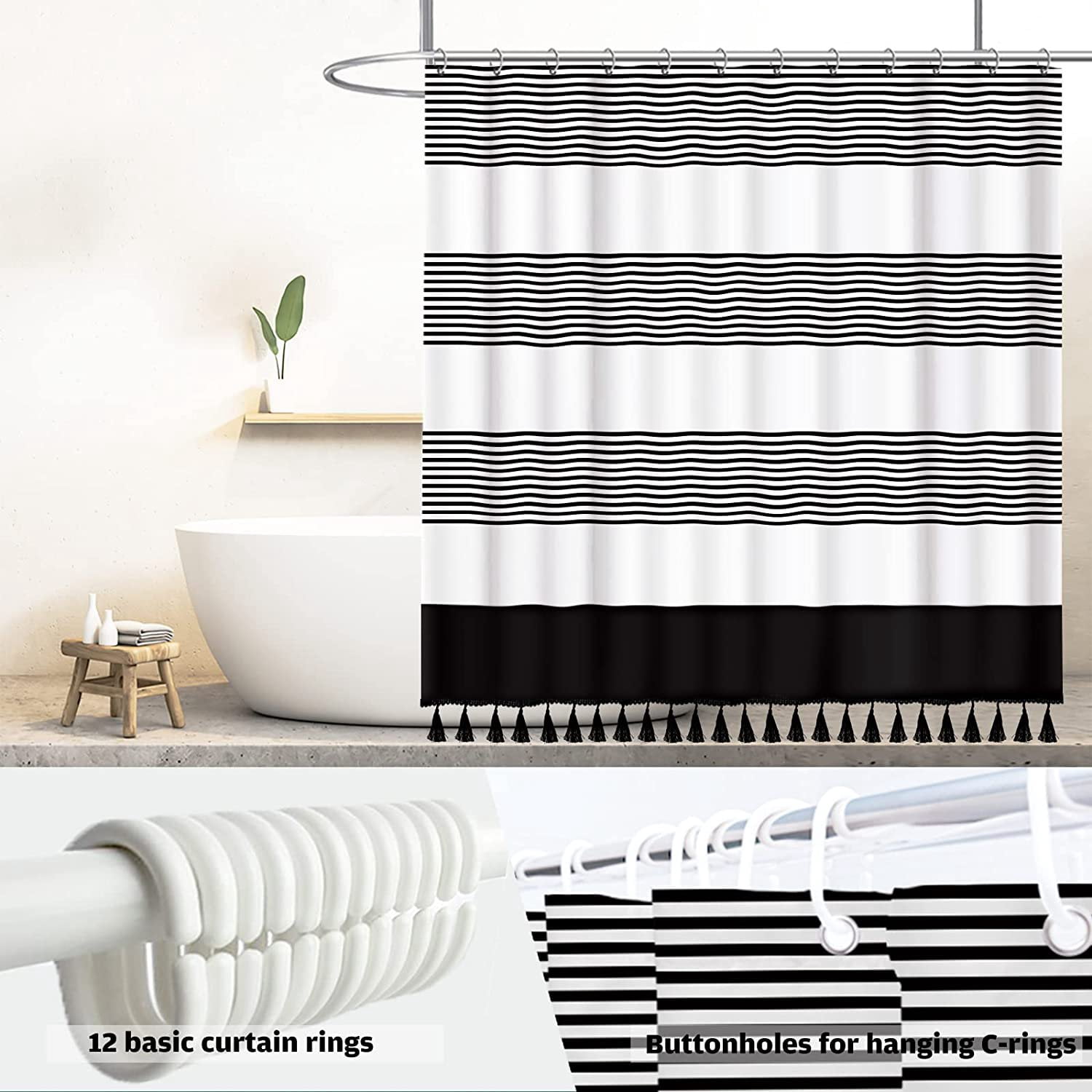 Black & White Boho Shower Curtain 72x84 - Tassel & Sun Design, Waterproof Polyester Bathroom Decor