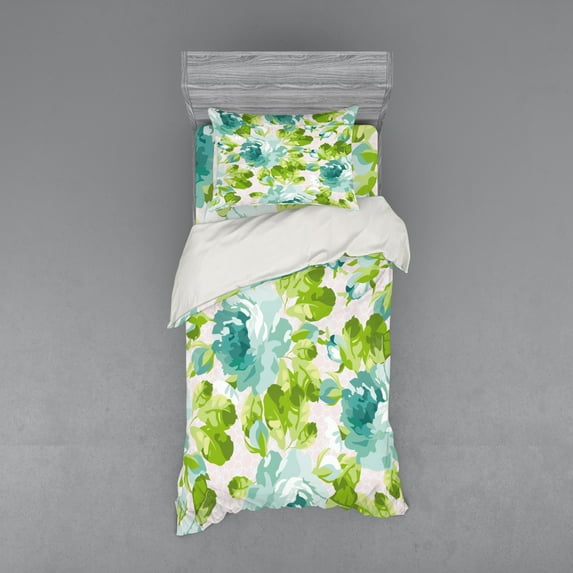 Shabby Flora Duvet Cover Set, Tropical Botany Garden Theme Blue Roses Leaves and Bouquets, Bedding Set with Shams and Fitted Sheet, 3 Sizes, by Ambesonne