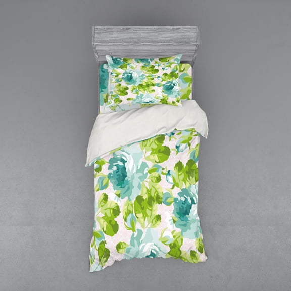 Shabby Flora Duvet Cover Set, Tropical Botany Garden Theme Blue Roses Leaves and Bouquets, Bedding Set with Shams and Fitted Sheet, 3 Sizes, by Ambesonne