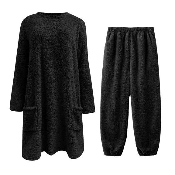 WCJM Classy Outfits for Women Women's Fall Winter Pullover Long Sleeve Set Soft Double Fleece with Embossed Design Cozy Loungewear for Cold Nights Two-Piece Set Women Pajama Sets